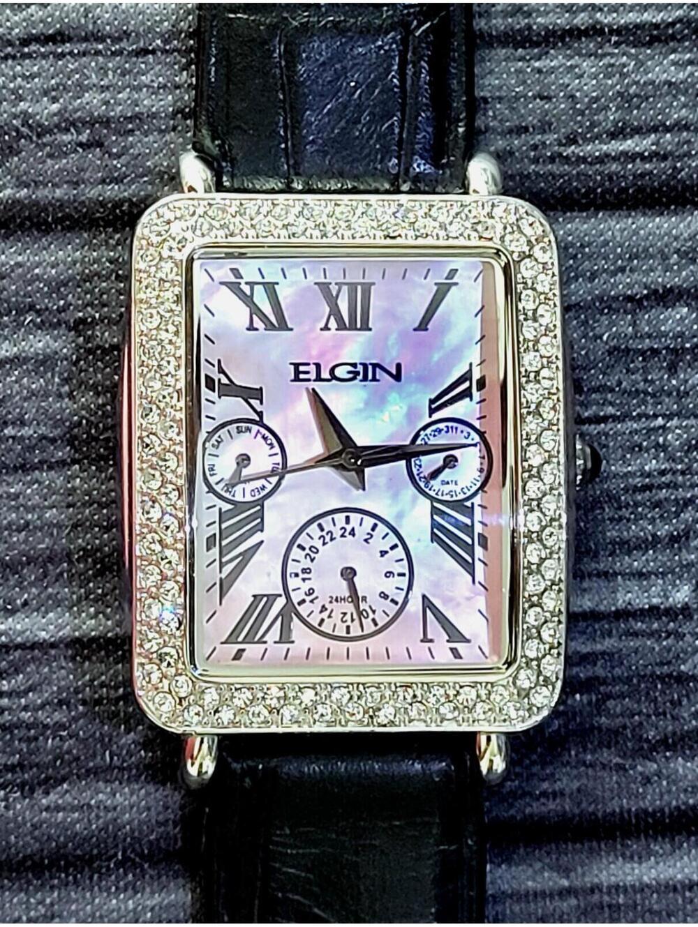 Rare Vintage Elgin Pink Abalone Dial Gem Bezel Dress Watch
